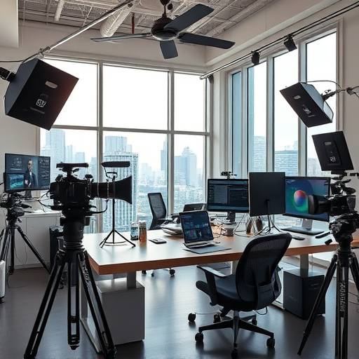 A brightly lit, modern workspace at Aurora Visuals, filled with video equipment and creative tools.