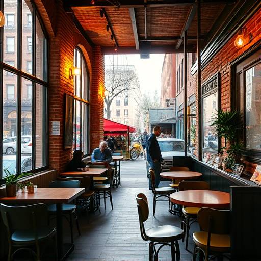 A cozy and vibrant cafe in Greenwich Village, New York City, with exposed brick walls, vintage furniture, and large windows overlooking a bustling street scene.