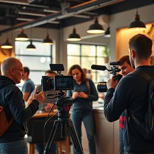 A diverse cast filming a vibrant commercial for a local Seattle coffee shop.