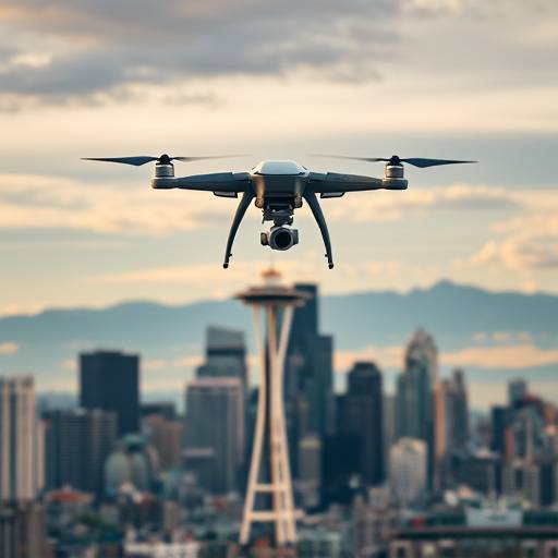 A drone flying over the Seattle skyline, capturing stunning aerial footage.