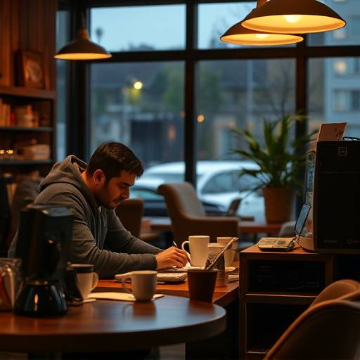 A scriptwriter working on a video script in a Seattle coffee shop.