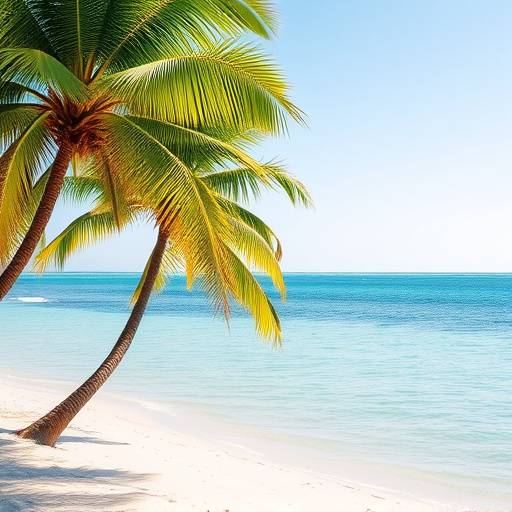 A serene, sandy beach with turquoise water and palm trees swaying in the breeze.