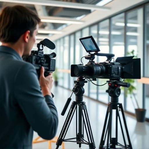 A team filming a professional corporate video in a modern office space.
