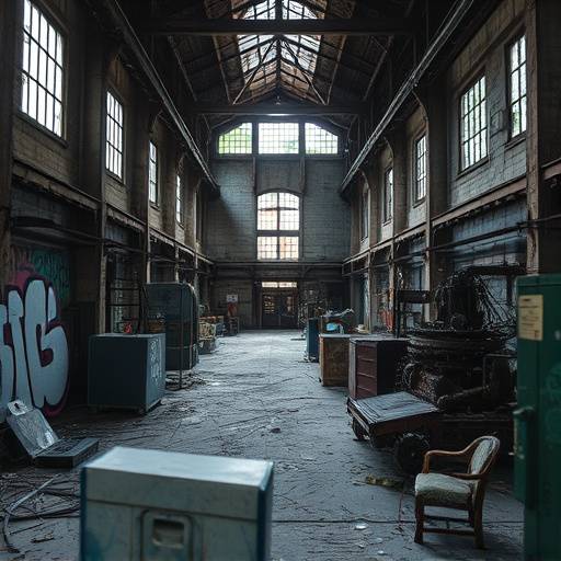 A vast, abandoned factory complex in Detroit, MI, featuring decaying machinery, graffiti-covered walls, and broken windows, creating a haunting and post-apocalyptic atmosphere.
