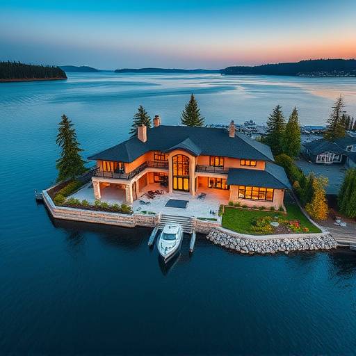Aerial drone shot of a luxury waterfront property on Lake Washington, showcasing the stunning architecture and breathtaking views.