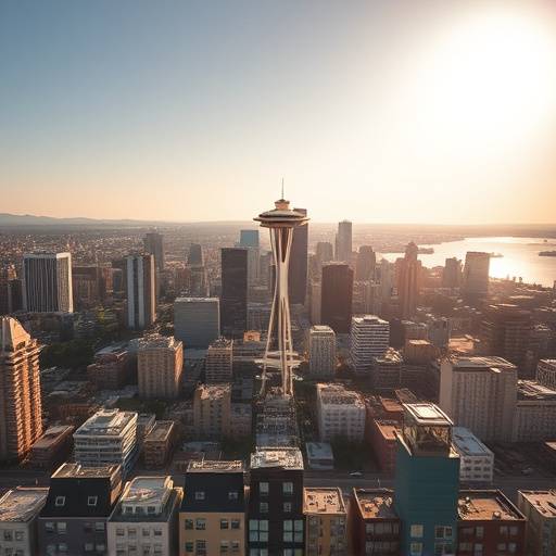 Drone flying over the Seattle skyline, capturing aerial footage.