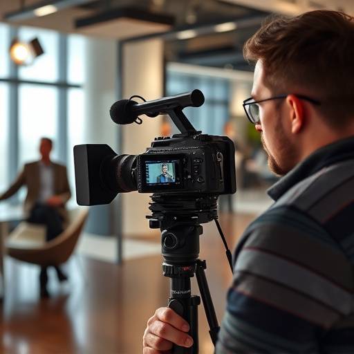 Professional videographer filming an interview for a corporate video.