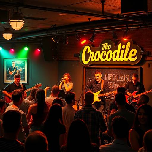 Scene from a live music event video featuring a local band performing at 'The Crocodile', capturing the energy and excitement of the crowd.