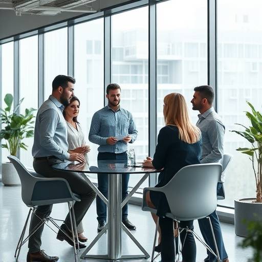 Team of Aurora Visuals employees collaborating in a meeting room, discussing project strategy.
